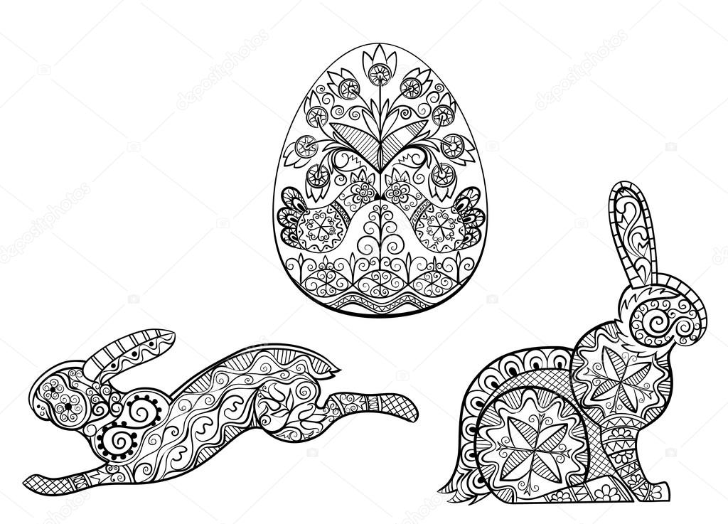 Coloring pages symbols of Easter egg hare rabbit