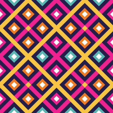 Renkli çizgiler ve kareler kusursuz vektör deseni. Canlı geometri arkaplan dokusu