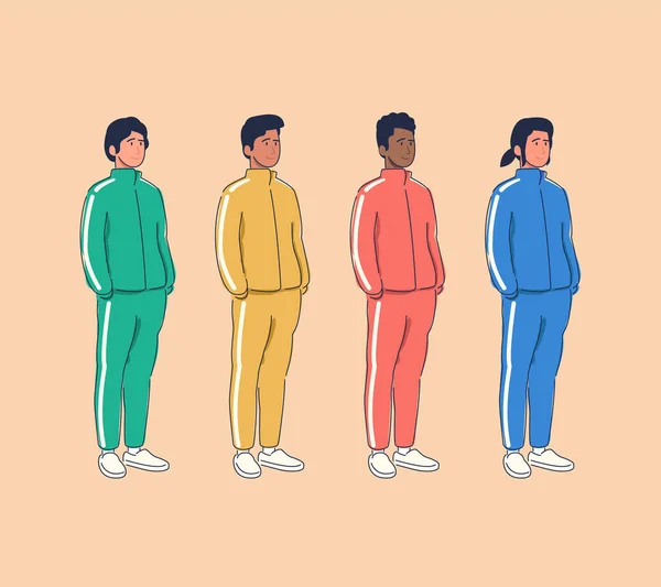 Groupe Multiculturel Hommes Portant Des Vestes Sport Couleur Ensemble Survêtements — Image vectorielle