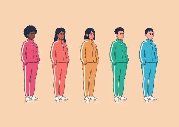 Groupe Diversifié Femmes Survêtement Ensemble Multiculturel Femmes Costumes Sport Colorés — Image vectorielle