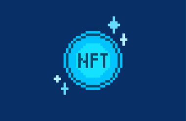 NFT kripto piksel tasarımı. Fidansız jeton, mavi renkli 8bit simge. Kripto para birimi sanat eserleri ve varlıklar, kendi kavramının kanıtı..