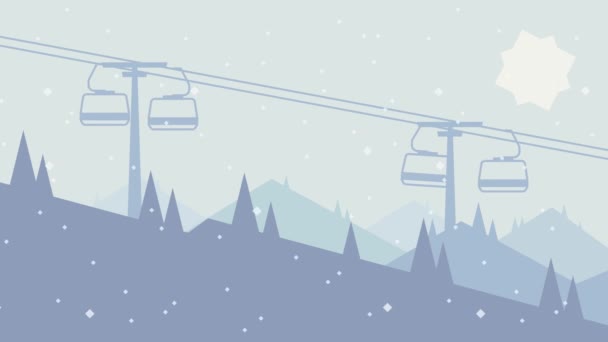 Mountain Resort Med Rörlig Skidlift Semester Tecknad Animation Platt Design — Stockvideo