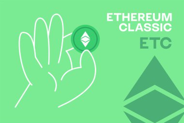 Ethereum klasik kripto para elinde, düzenlenebilir vektör. ETC şifreli düz tasarım pankartı. Uygulamalar, web ve animasyon için yeşil arkaplan üzerindeki sembol (etc).
