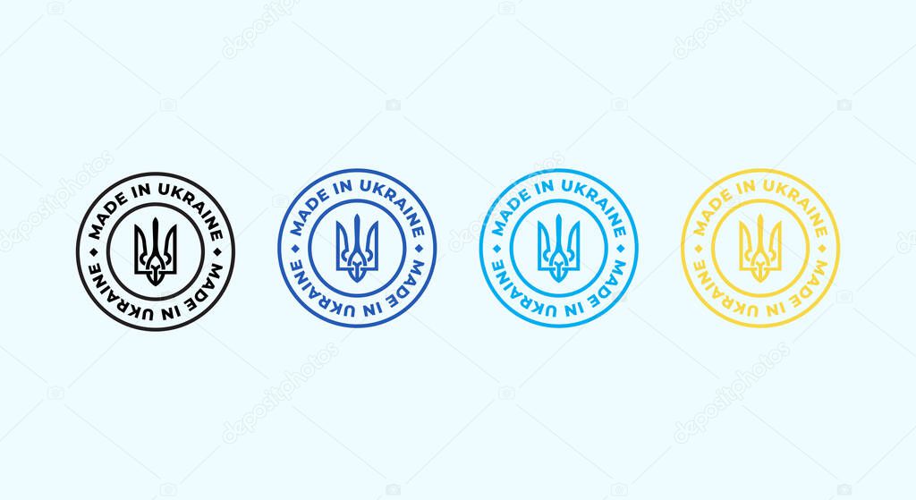 Set of Made In Ukraine stylized stamps, of black blue, navy, and yellow colors.