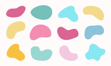 Soyut lekeli şekil koleksiyonu. Pastel tonunun sıvı kütle elementleri. Modern grafik elementler seti. Akışkan dinamik renkli pankart. Vektör tasarımları.