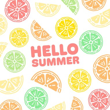 Merhaba Summer Multi Renkli Citrus Arka planı, Kare Şablonu. Limon, Portakal, Greyfurt ve Limon Suyu Özgeçmişi, Kafeler, Menüler, Restoranlar, Baskılar ve Tasarımlar için uygun.