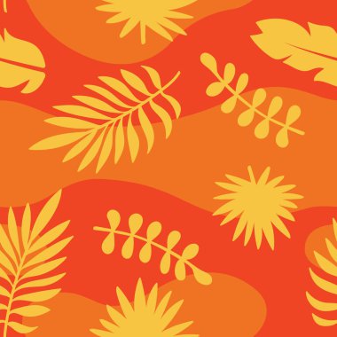 Abstract Orange Summer Seamless Pattern With Copy Space for Text. Bright Tropical Leaves And Plants in Simple Minimal Style.