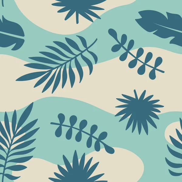 Bright Tropical Leaves Seamless Pattern Teal Backdrop Summer Vector Background — Stock Vector