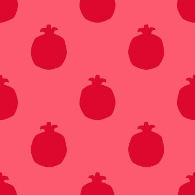 Kırmızı Nar Desenli, Düz Tasarım Tarzı. El yapımı nar meyveleri kırmızı arka planda, basit tekrarlayan tasarım. Yaz Resimleri