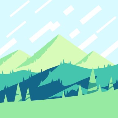 Summer Season at the Mountains, Flat Design Square Poster. Summertime Sunset Over The Green Hills Artwork, 1x1 Vector Illustration. 