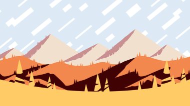 Fall Season At The Mountains, Flat Design Landscape Poster Artwork. Warm Autumn Sunset Over The Yellow Hills Poster, Horizontal Vector Illustration. 