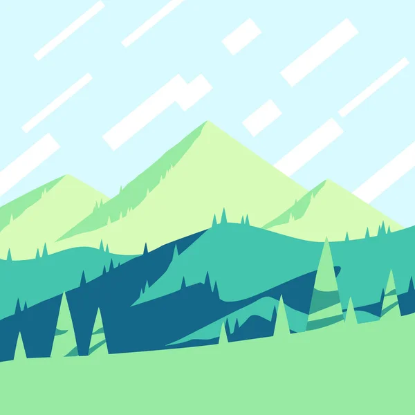 Летний Сезон Горах Плакат Плоским Дизайном Летний Закат Над Зелеными — стоковый вектор