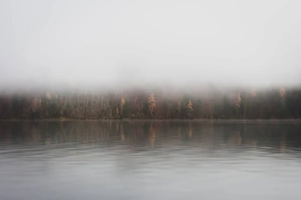 Nevoeiro Lago Kenigsee Alemanha Névoa Margem Lago Com Reflexão Florestal — Fotografia de Stock
