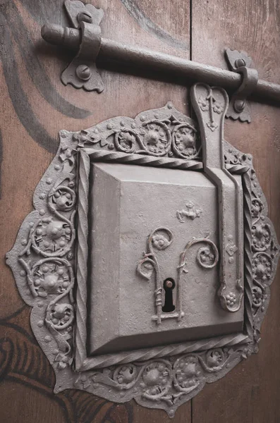Vintage Zámek Panel Dveřích Stará Brána Středověkého Hradu Klíčová Dírka — Stock fotografie