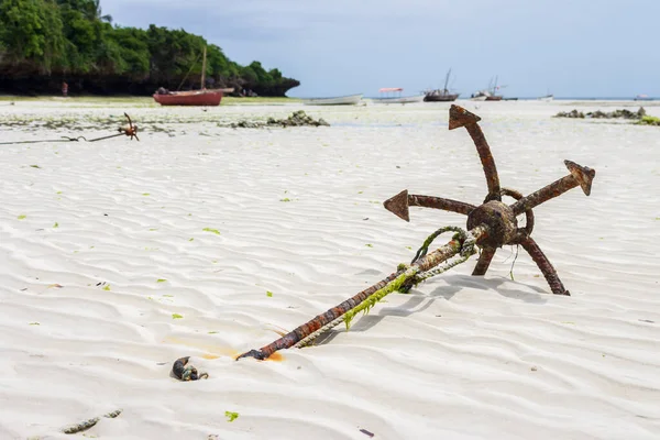 Bootsanker Strand Ebbe Strand Mit Rostigen Ankern Und Booten Niedrigwasserlandschaft — Stockfoto