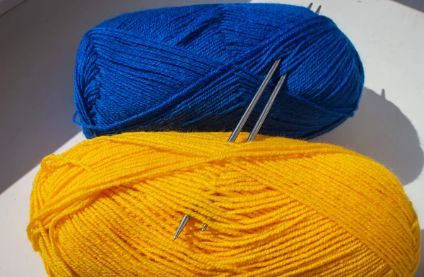 Ukrainian National Colors Ukraine Patriotism Colorful Threads Knitting Needles Blue — Stock Photo, Image
