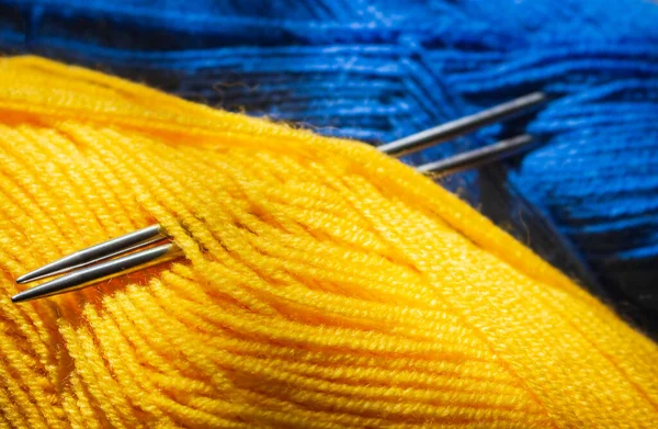 Ukrainian National Colors Ukraine Patriotism Colorful Threads Knitting Needles Blue — Stock Photo, Image