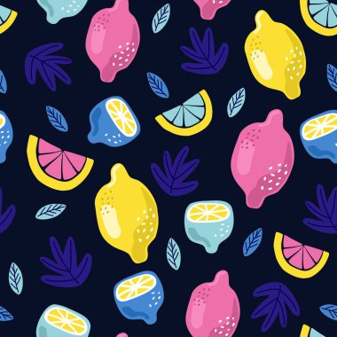 Limonlar, kusursuz desen. Sulu limonlar ve vektör bırakıyor. Limon beyaza izole edilmiş. Dergi, kitap, poster, kart, menü kapağı, web sayfaları için kullanılan illüstrasyon. 