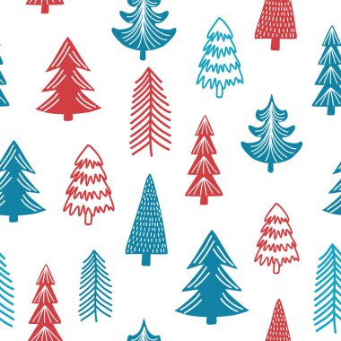 Kusursuz bir arkaplan ve noel ağacı tasarımı. Ağaçlı kış ormanı. Kış ve Noel teması için kusursuz desen. Vektör illüstrasyonu.