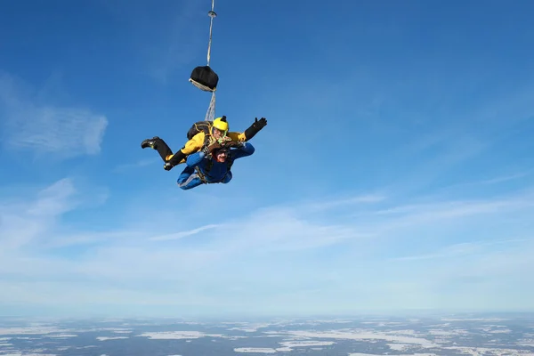 Parachutisme Saut Tandem Deux Hommes Volent Amusent Dans Ciel — Photo