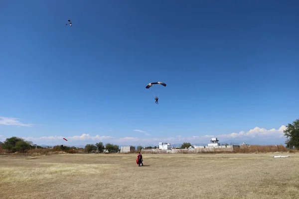 Skydiving Pára Quedista Está Aterrar Campo Fotos De Bancos De Imagens