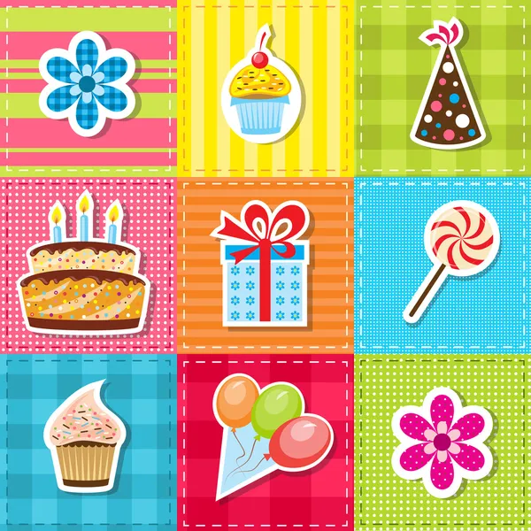 Patchwork avec éléments de fête d'anniversaire — Image vectorielle