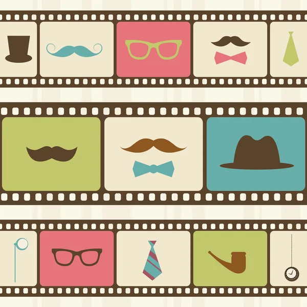 Fond rétro avec bandes de film, moustaches et lunettes de soleil — Image vectorielle