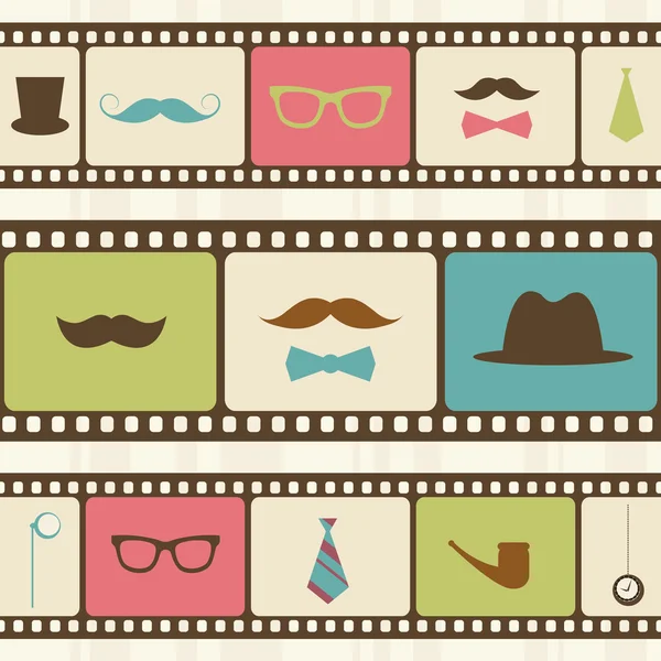 Fondo retro con tiras de película, bigotes y gafas de sol — Archivo Imágenes Vectoriales