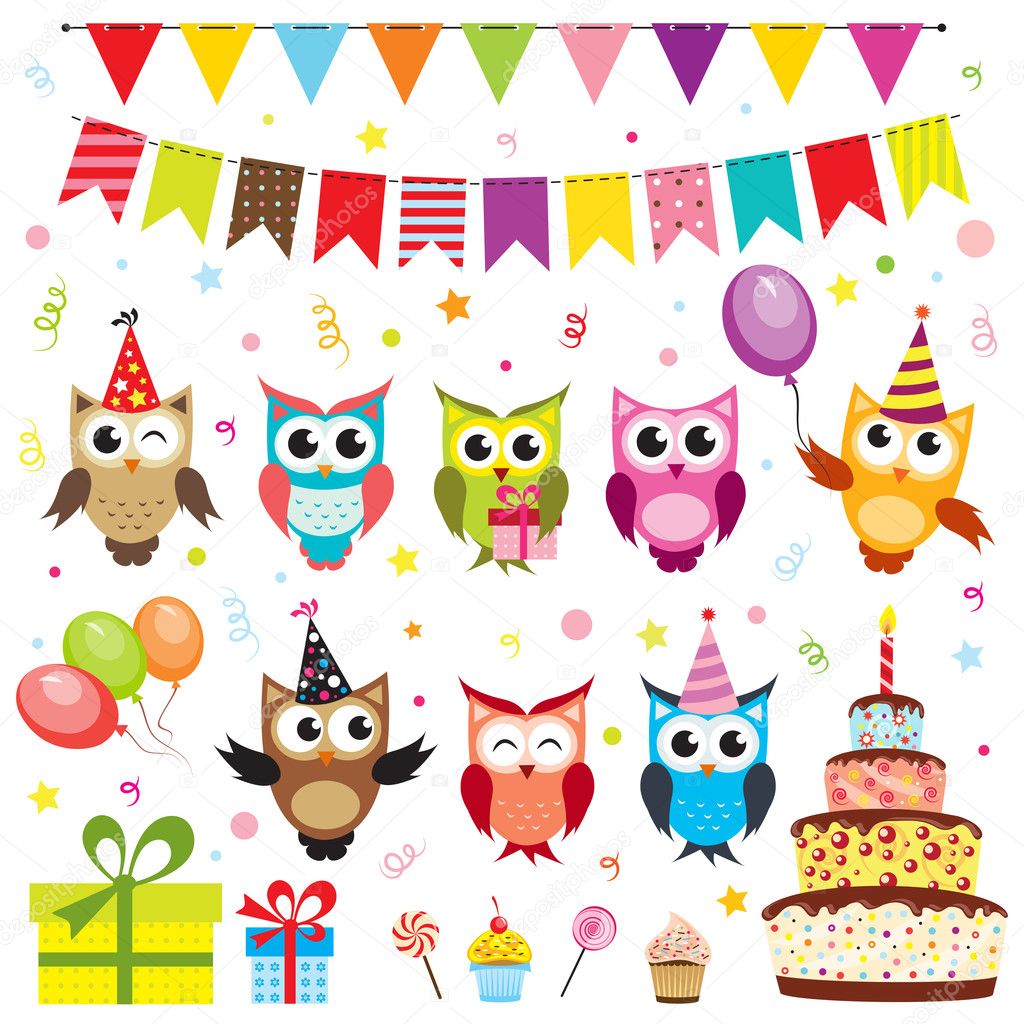 Set of vector birthday party elements with owls