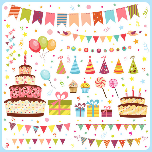 Set of birthday party elements Vector Graphics