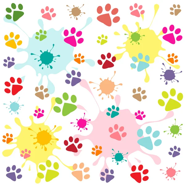 Colored pattern with paw prints and blots — Stock Vector