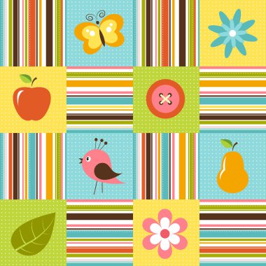 Patchwork background with flowers, bird, pear and apple clipart