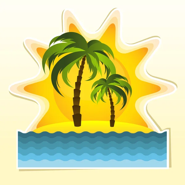 Isla con dos palmeras y sol — Vector de stock