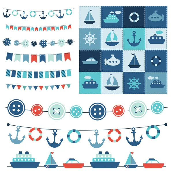 Sea theme garland and patchwork — Stock Vector