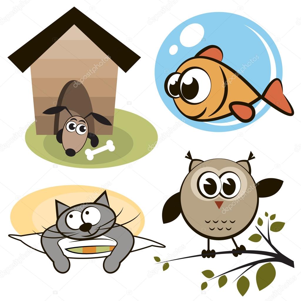 Owl, fish, cat and dog