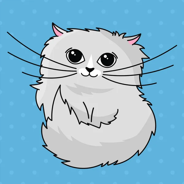 Handgezeichnete niedliche flauschige graue Katze auf blauem Hintergrund — Stockvektor