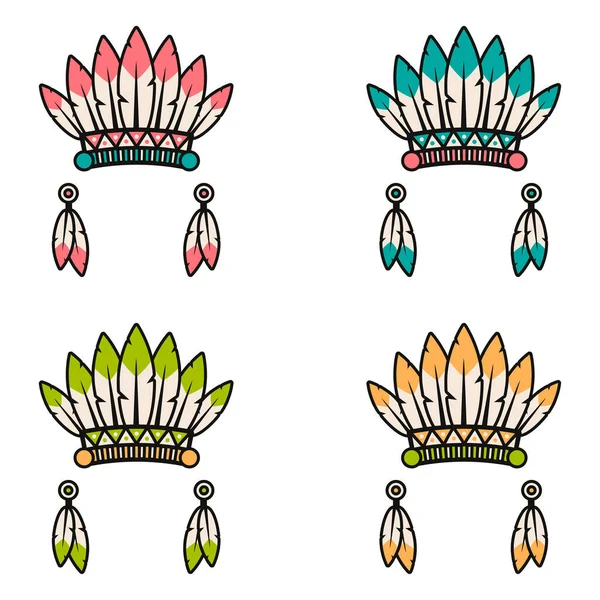 Set of Native Indian American chief hats. Apache tribe cerenmonial headwear. Vector Graphics