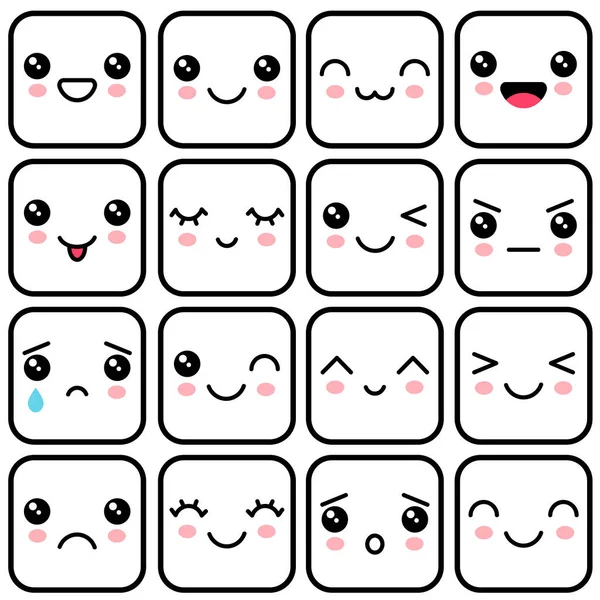 Manga style eyes and mouths. Emotional square faces isolated on white — Stock Vector