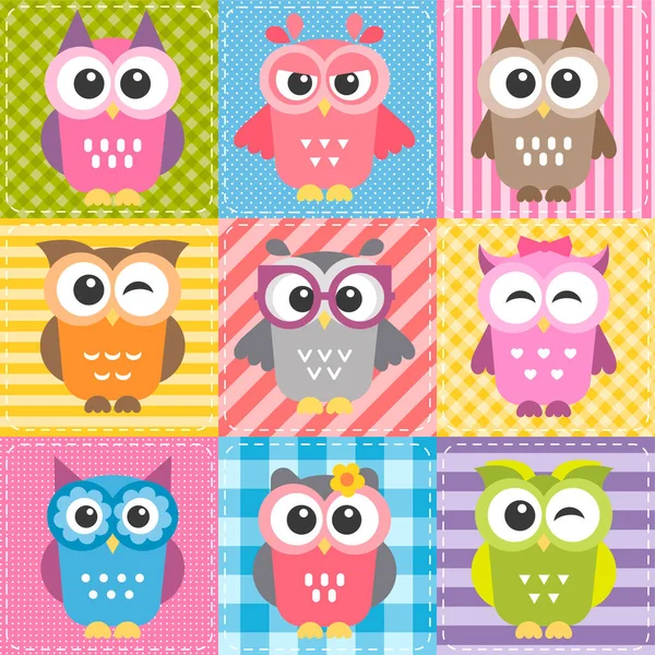 Patchwork fondo con búhos de colores — Vector de stock