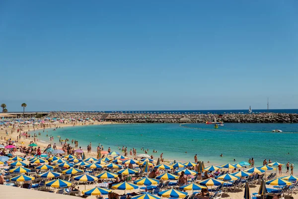 Tenerife sahilindeki mavi laguna koyunda renkli şemsiyeler.