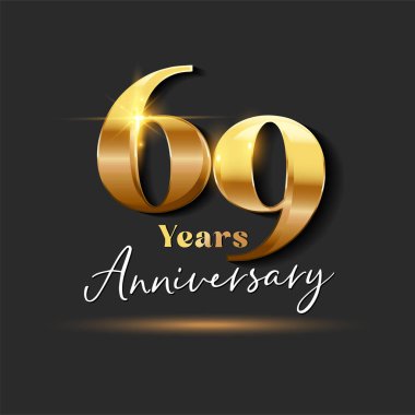 69 yıllık Yıldönümü Altın Logoti numarası. Tebrik kartı ve Davetiye Kartı için Vektör Tasarımı