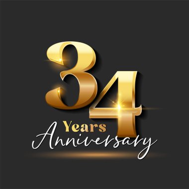 34 yıllık Yıldönümü Altın Logoti numarası. Tebrik kartı ve Davetiye Kartı için Vektör Tasarımı