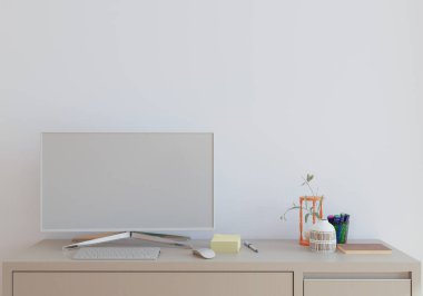 Oturma odasında masası olan beyaz bir duvar.