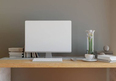 Oturma odasında masası olan beyaz bir duvar.