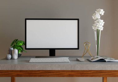 Oturma odasında masası olan beyaz bir duvar.