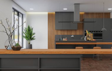 Yemek masası olan yemek odası, duvar. 3B görüntüleme.