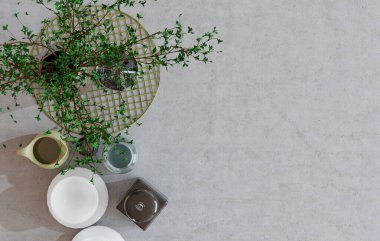 Masanın üst görünümünü süslemelerle beyaza boyayın. 3B görüntüleme.