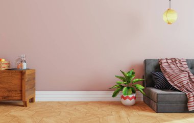 En az iç mekan tarzı poster. Oturma odasının duvarını pembeye boyayıp oturma odasındaki modern kanepe ve dekorasyonlarla süsleyin.