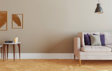 En az iç mekan tarzı poster. Oturma odasının duvarını kahverengiye boyayarak modern kanepe ve oturma odasındaki dekorasyonlarla süsleyin.