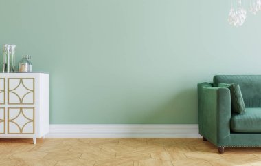 En az iç mekan tarzı poster. Oturma odasının duvarını yeşille, modern kanepe ve oturma odasındaki süslemelerle süsleyin.